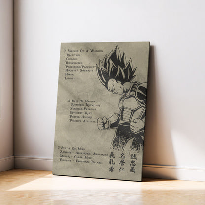 Vegeta Dragon Ball Z Motivational Canvas Wall Art - 7 Virtues of a Warrior & 5 Keys to Health - Anime Poster Room Decor - DR043