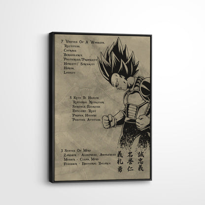 Vegeta Dragon Ball Z Motivational Canvas Wall Art - 7 Virtues of a Warrior & 5 Keys to Health - Anime Poster Room Decor - DR043