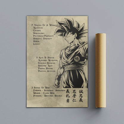 Goku Dragon Ball Z Motivational Canvas Wall Art - 7 Virtues of a Warrior & 5 Keys to Health - Anime Poster Room Decor - DR044