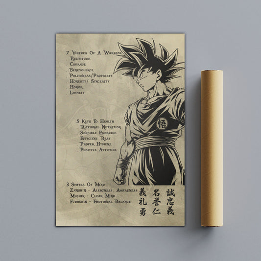 Goku Dragon Ball Z Motivational Canvas Wall Art - 7 Virtues of a Warrior & 5 Keys to Health - Anime Poster Room Decor - DR044