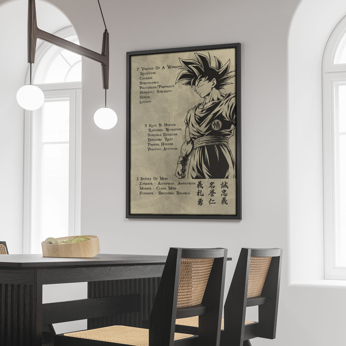 Goku Dragon Ball Z Motivational Canvas Wall Art - 7 Virtues of a Warrior & 5 Keys to Health - Anime Poster Room Decor - DR044