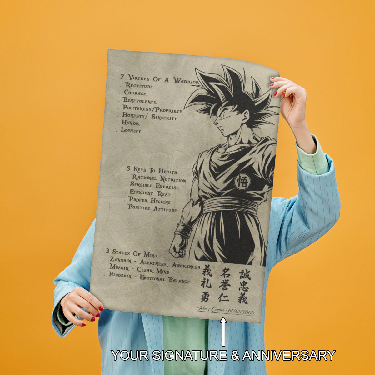 Goku Dragon Ball Z Motivational Canvas Wall Art - 7 Virtues of a Warrior & 5 Keys to Health - Anime Poster Room Decor - DR044