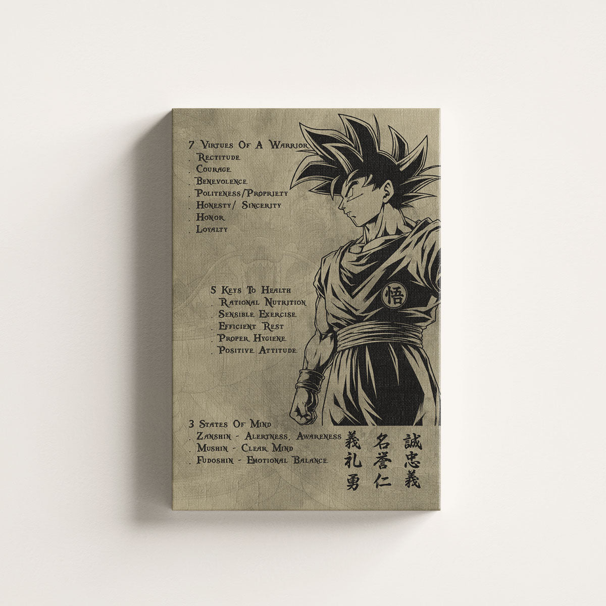 Goku Dragon Ball Z Motivational Canvas Wall Art - 7 Virtues of a Warrior & 5 Keys to Health - Anime Poster Room Decor - DR044