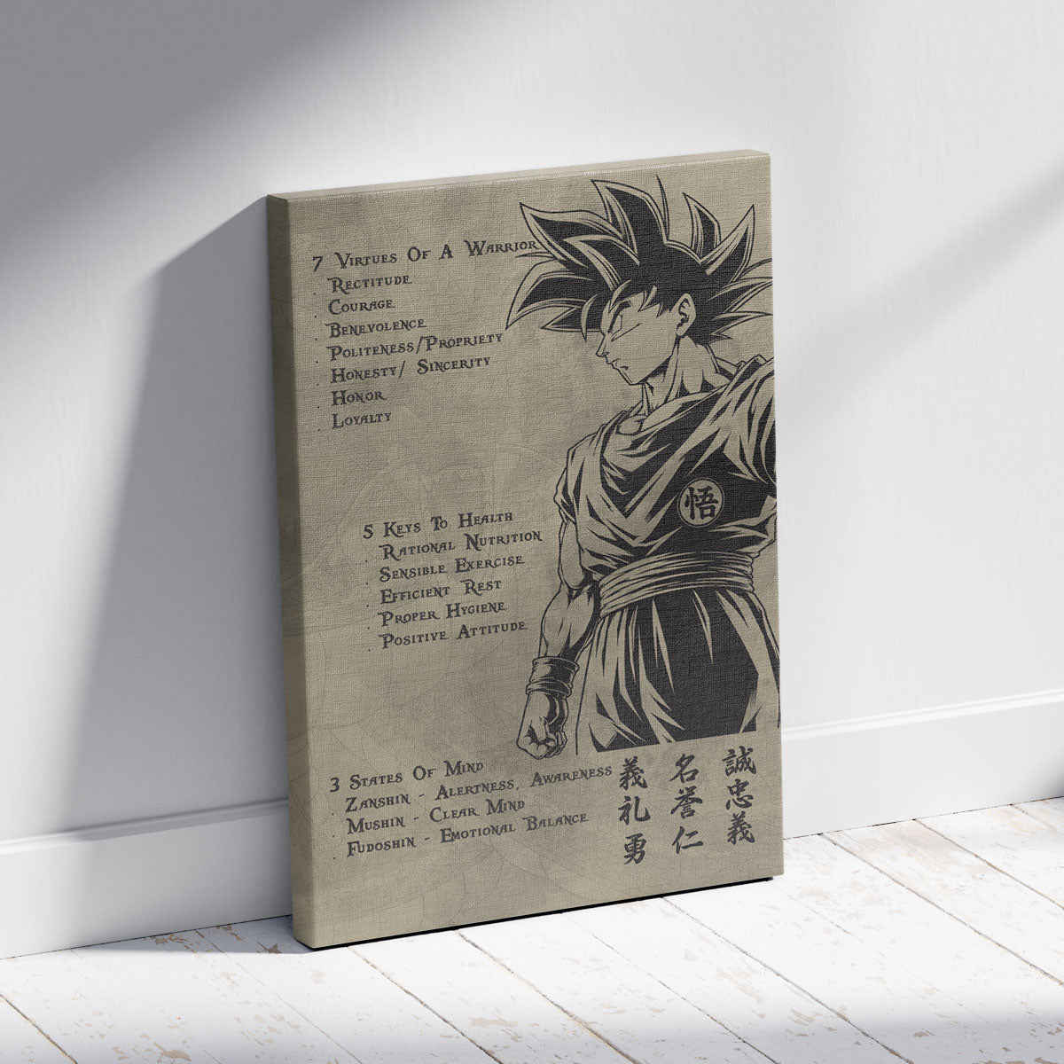 Goku Dragon Ball Z Motivational Canvas Wall Art - 7 Virtues of a Warrior & 5 Keys to Health - Anime Poster Room Decor - DR044