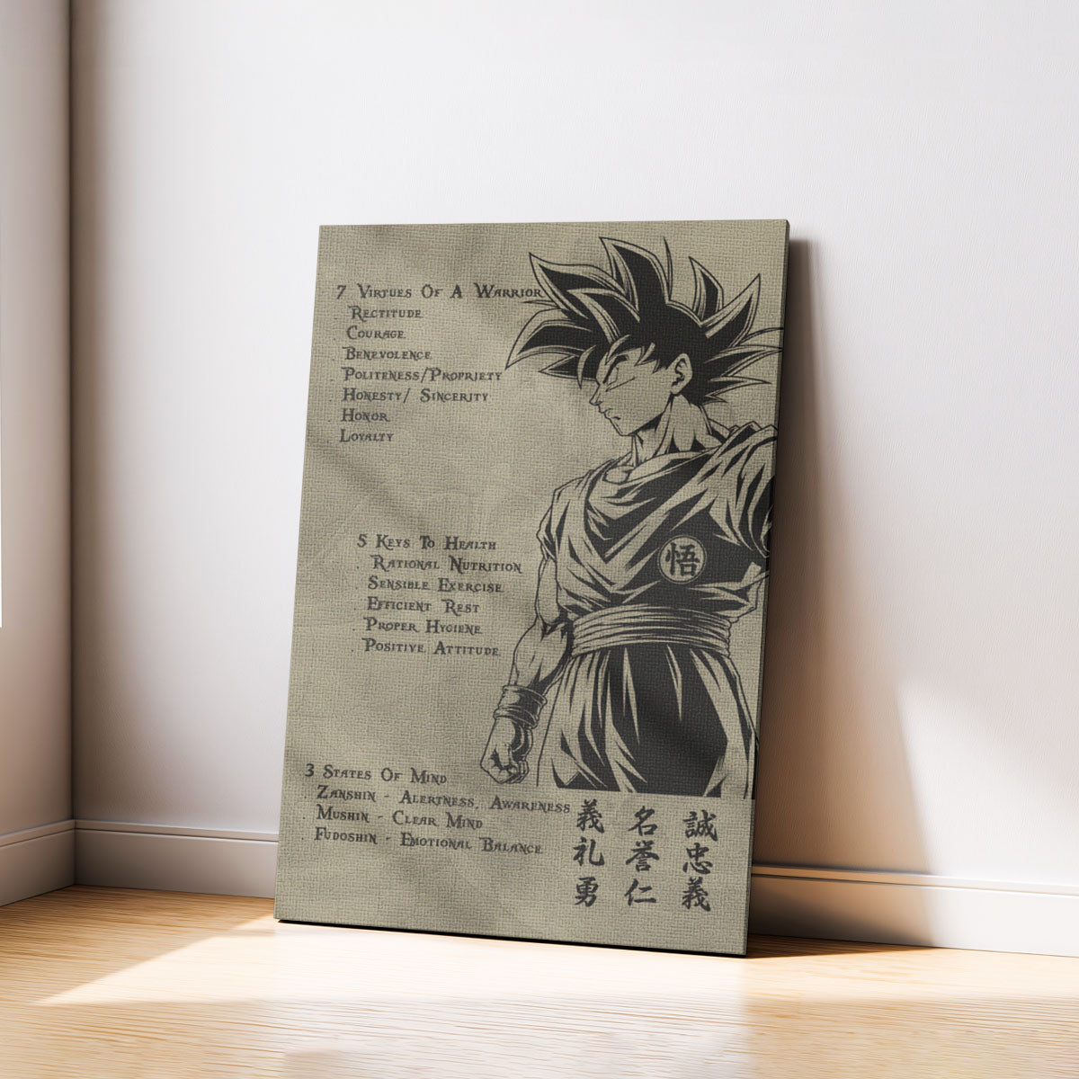Goku Dragon Ball Z Motivational Canvas Wall Art - 7 Virtues of a Warrior & 5 Keys to Health - Anime Poster Room Decor - DR044