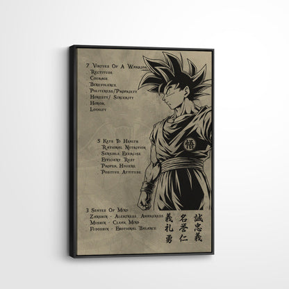Goku Dragon Ball Z Motivational Canvas Wall Art - 7 Virtues of a Warrior & 5 Keys to Health - Anime Poster Room Decor - DR044
