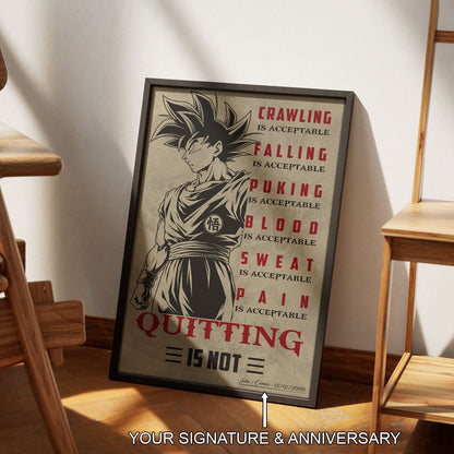 Goku Super Saiyan Canvas Wall Art - Dragon Ball Z Motivational Quote “Quitting Is Not” Print - Ready to Hang Gym Workout Decor - DR055