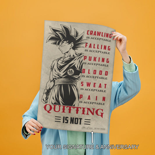 Goku Super Saiyan Canvas Wall Art - Dragon Ball Z Motivational Quote “Quitting Is Not” Print - Ready to Hang Gym Workout Decor - DR055