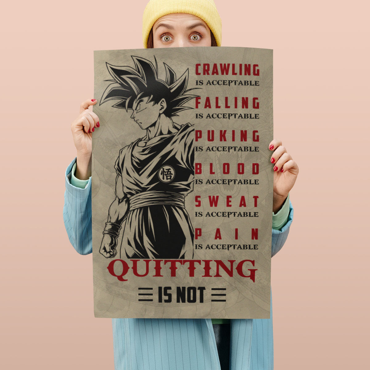 Goku Super Saiyan Canvas Wall Art - Dragon Ball Z Motivational Quote “Quitting Is Not” Print - Ready to Hang Gym Workout Decor - DR055