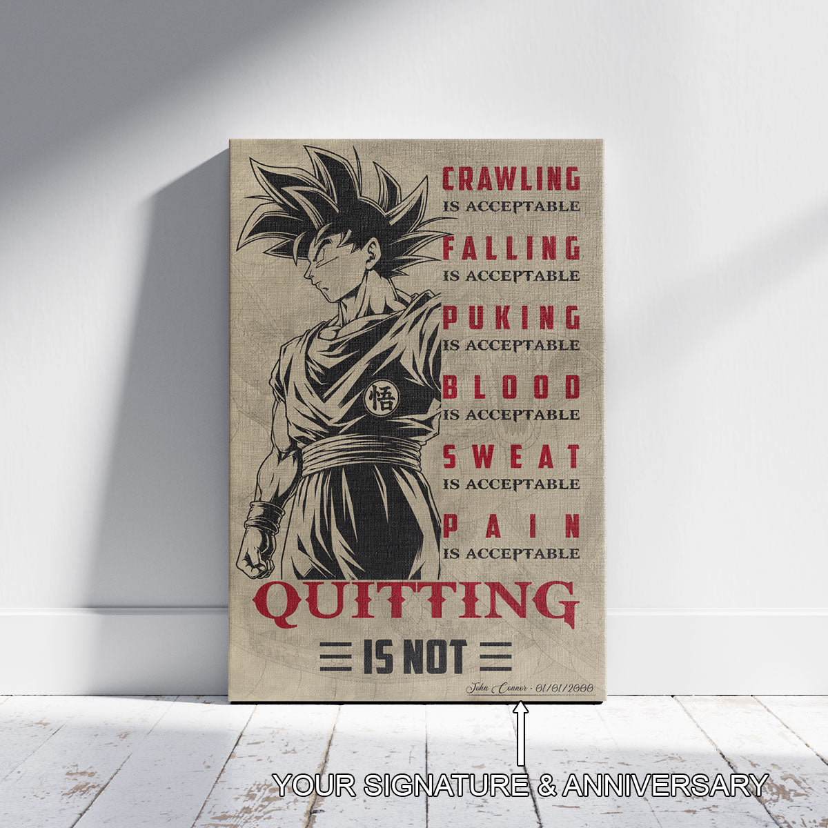 Goku Super Saiyan Canvas Wall Art - Dragon Ball Z Motivational Quote “Quitting Is Not” Print - Ready to Hang Gym Workout Decor - DR055
