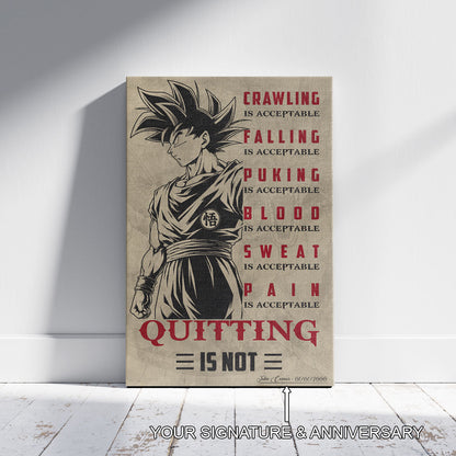 Goku Super Saiyan Canvas Wall Art - Dragon Ball Z Motivational Quote “Quitting Is Not” Print - Ready to Hang Gym Workout Decor - DR055