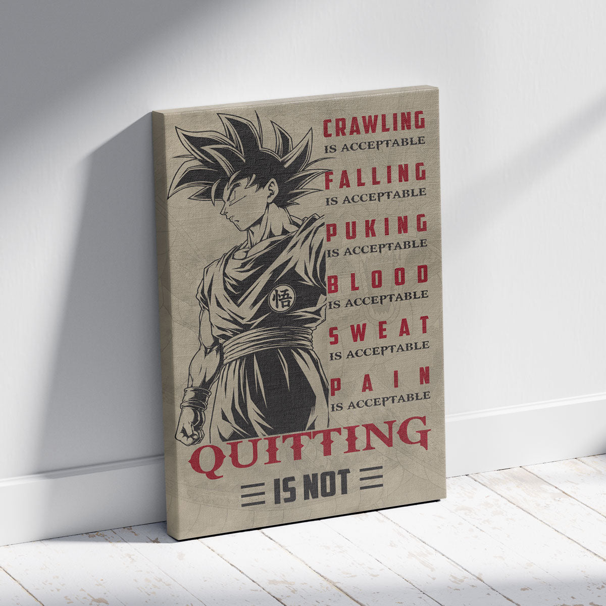 Goku Super Saiyan Canvas Wall Art - Dragon Ball Z Motivational Quote “Quitting Is Not” Print - Ready to Hang Gym Workout Decor - DR055