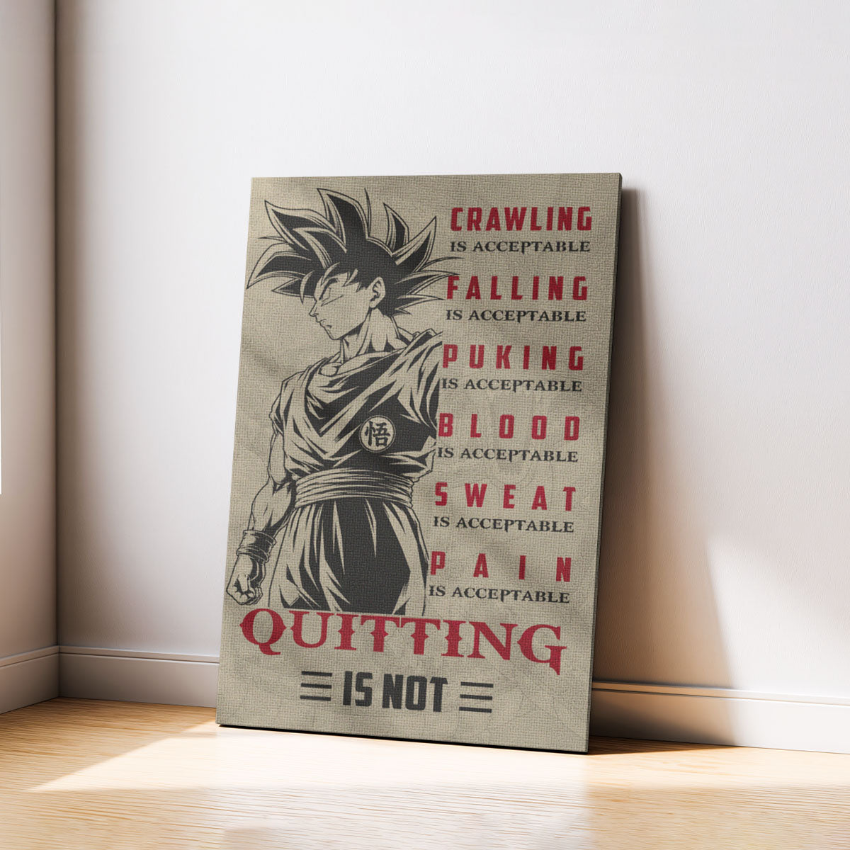 Goku Super Saiyan Canvas Wall Art - Dragon Ball Z Motivational Quote “Quitting Is Not” Print - Ready to Hang Gym Workout Decor - DR055