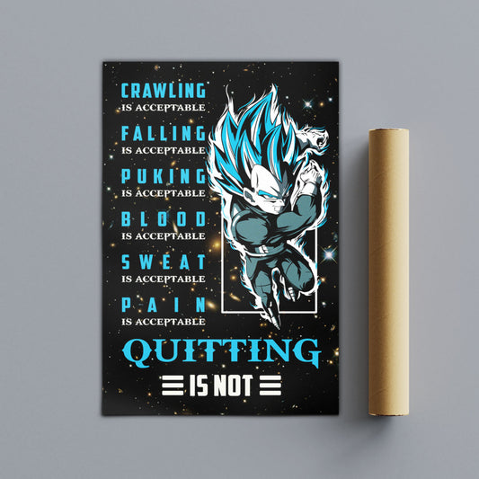 Vegeta Super Saiyan Blue Canvas Wall Art - Dragon Ball Anime Motivational Quote “Quitting Is Not” Print - Ready to Hang Gym Workout Decor - DR056