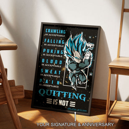 Vegeta Super Saiyan Blue Canvas Wall Art - Dragon Ball Anime Motivational Quote “Quitting Is Not” Print - Ready to Hang Gym Workout Decor - DR056