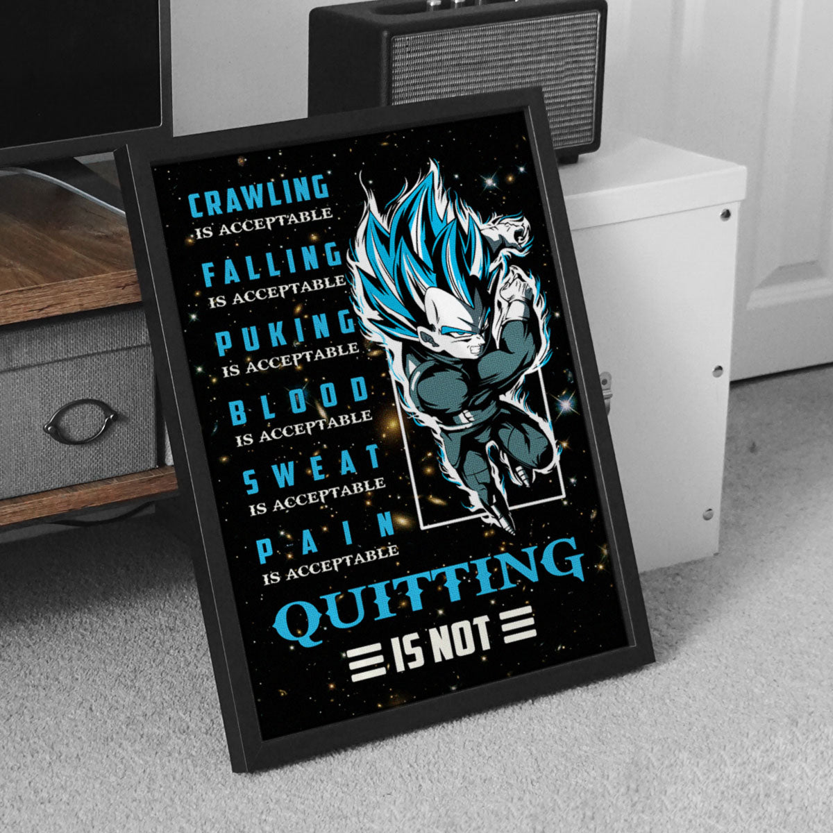 Vegeta Super Saiyan Blue Canvas Wall Art - Dragon Ball Anime Motivational Quote “Quitting Is Not” Print - Ready to Hang Gym Workout Decor - DR056