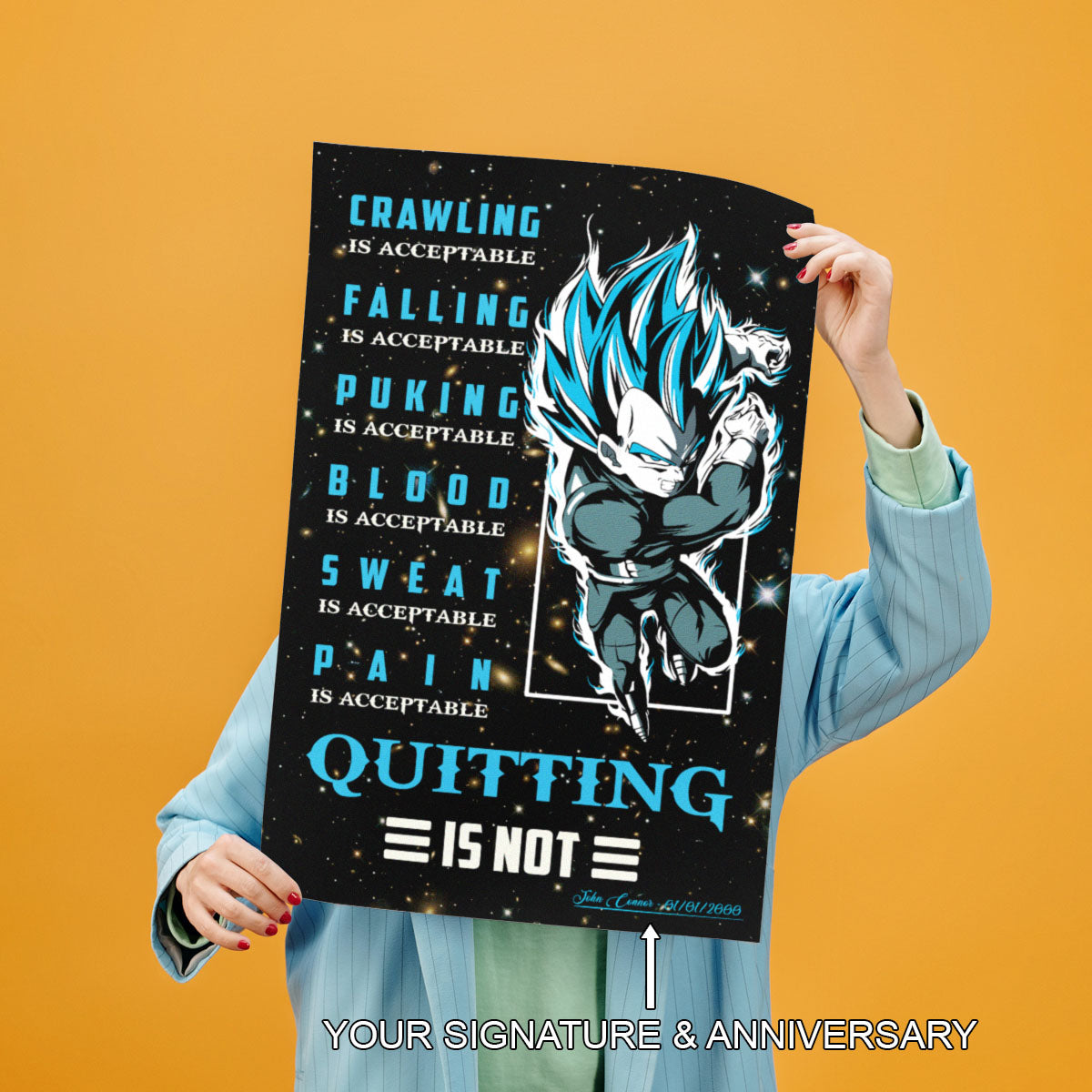 Vegeta Super Saiyan Blue Canvas Wall Art - Dragon Ball Anime Motivational Quote “Quitting Is Not” Print - Ready to Hang Gym Workout Decor - DR056