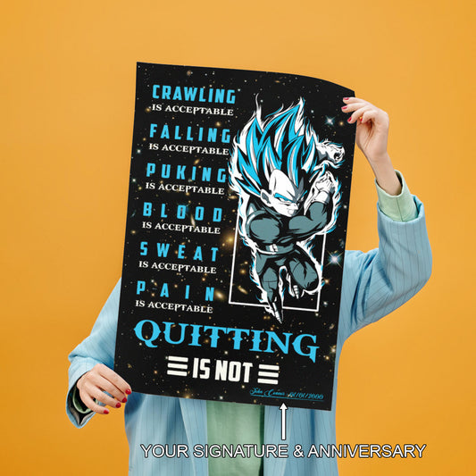 Vegeta Super Saiyan Blue Canvas Wall Art - Dragon Ball Anime Motivational Quote “Quitting Is Not” Print - Ready to Hang Gym Workout Decor - DR056