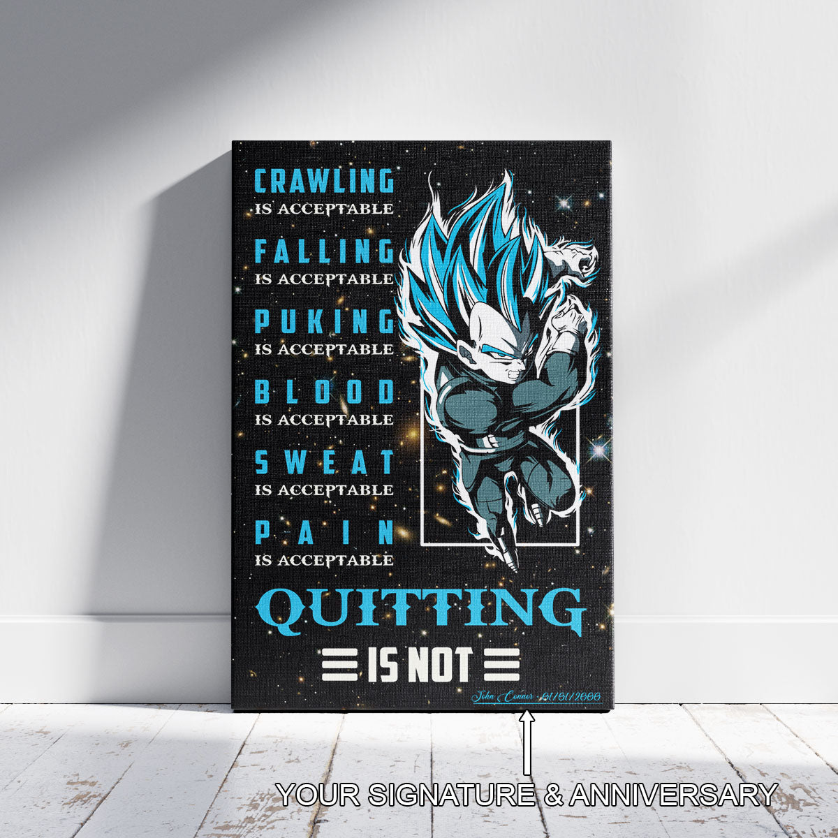 Vegeta Super Saiyan Blue Canvas Wall Art - Dragon Ball Anime Motivational Quote “Quitting Is Not” Print - Ready to Hang Gym Workout Decor - DR056
