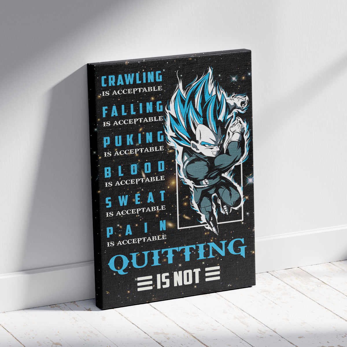 Vegeta Super Saiyan Blue Canvas Wall Art - Dragon Ball Anime Motivational Quote “Quitting Is Not” Print - Ready to Hang Gym Workout Decor - DR056