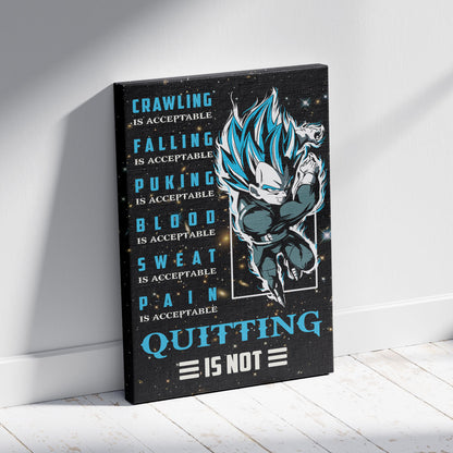 Vegeta Super Saiyan Blue Canvas Wall Art - Dragon Ball Anime Motivational Quote “Quitting Is Not” Print - Ready to Hang Gym Workout Decor - DR056