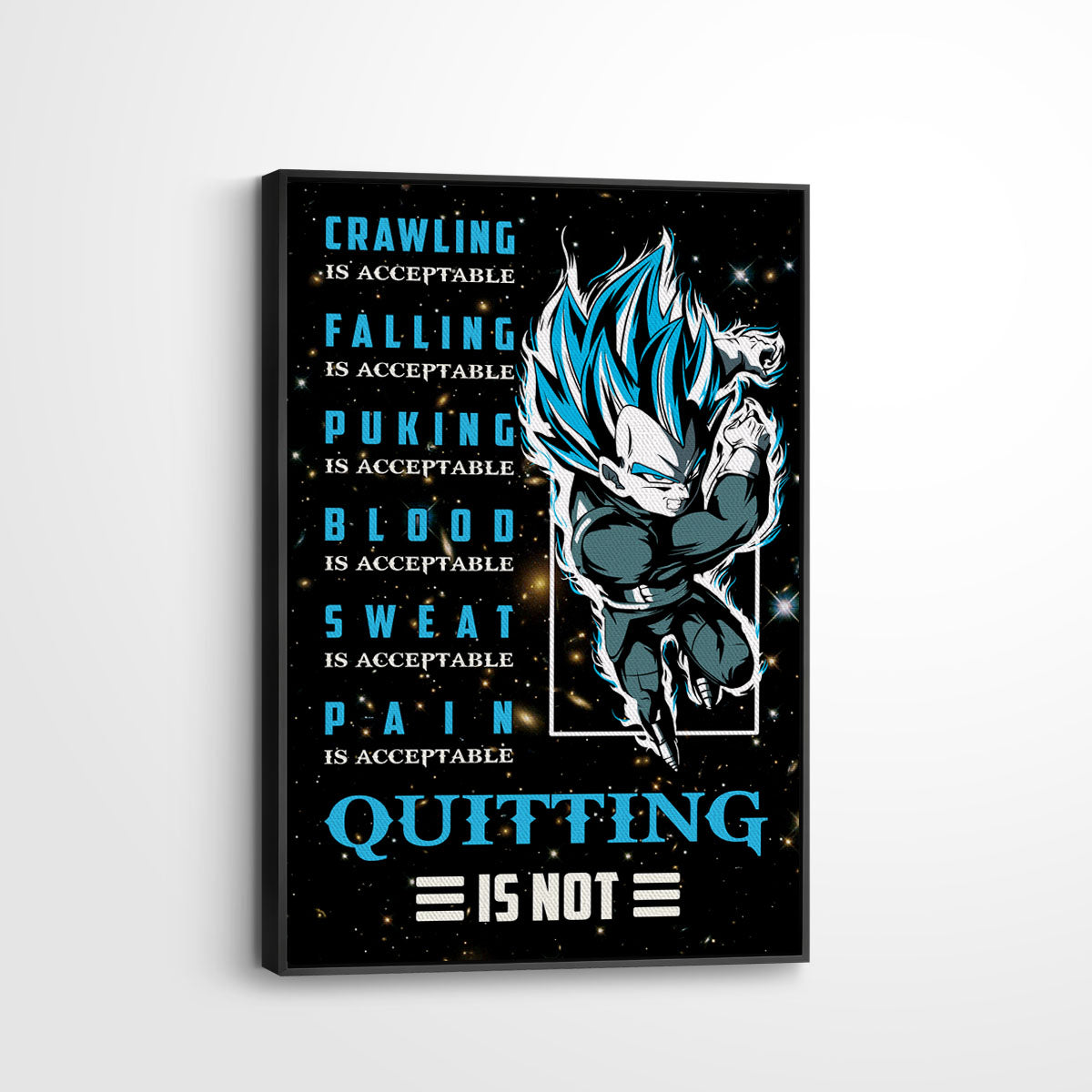 Vegeta Super Saiyan Blue Canvas Wall Art - Dragon Ball Anime Motivational Quote “Quitting Is Not” Print - Ready to Hang Gym Workout Decor - DR056