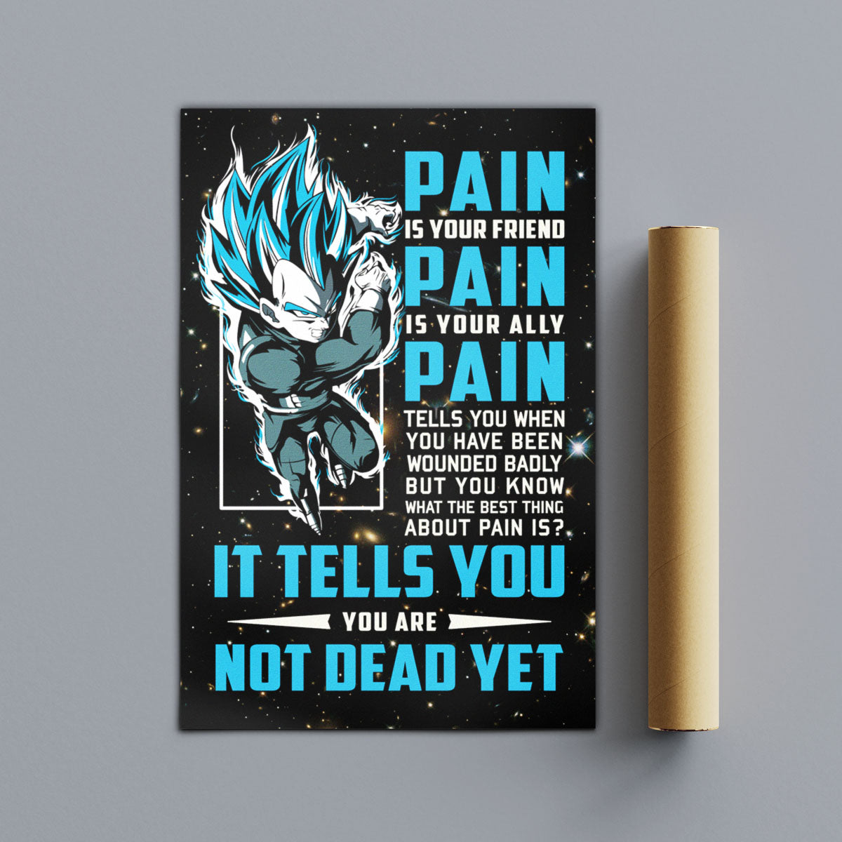 Vegeta Super Saiyan Blue Canvas Wall Art - Dragon Ball Super Motivational "Pain" Print - Ready to Hang Home Office Decor - DR057
