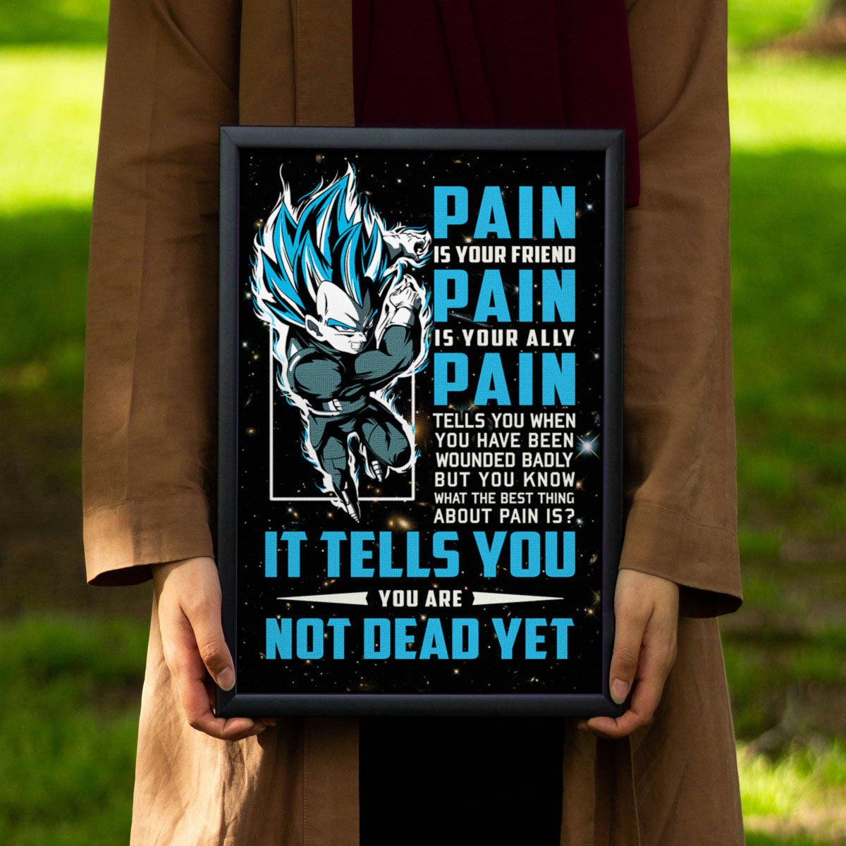 Vegeta Super Saiyan Blue Canvas Wall Art - Dragon Ball Super Motivational "Pain" Print - Ready to Hang Home Office Decor - DR057