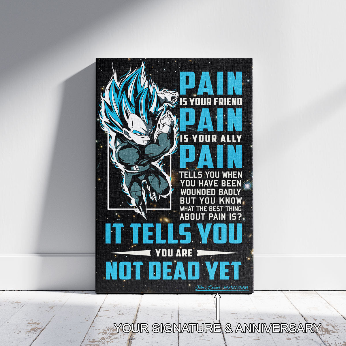 Vegeta Super Saiyan Blue Canvas Wall Art - Dragon Ball Super Motivational "Pain" Print - Ready to Hang Home Office Decor - DR057