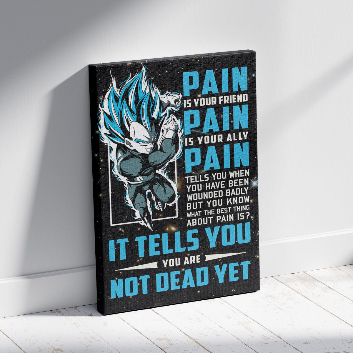 Vegeta Super Saiyan Blue Canvas Wall Art - Dragon Ball Super Motivational "Pain" Print - Ready to Hang Home Office Decor - DR057