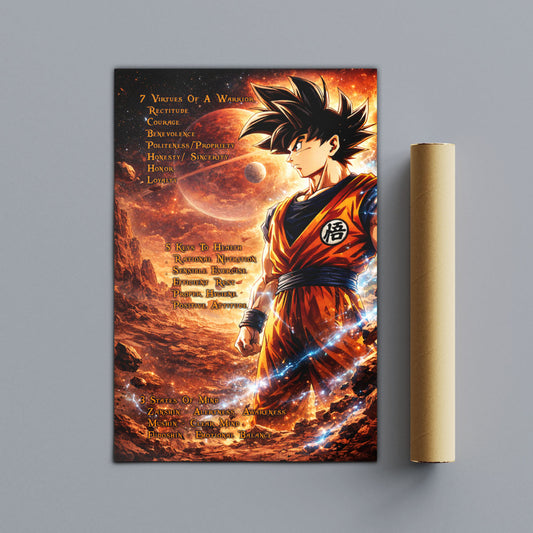 Goku Dragon Ball Z Motivational Canvas Wall Art - 7 Virtues of a Warrior & 5 Keys to Health - Anime Poster Room Decor - DR080