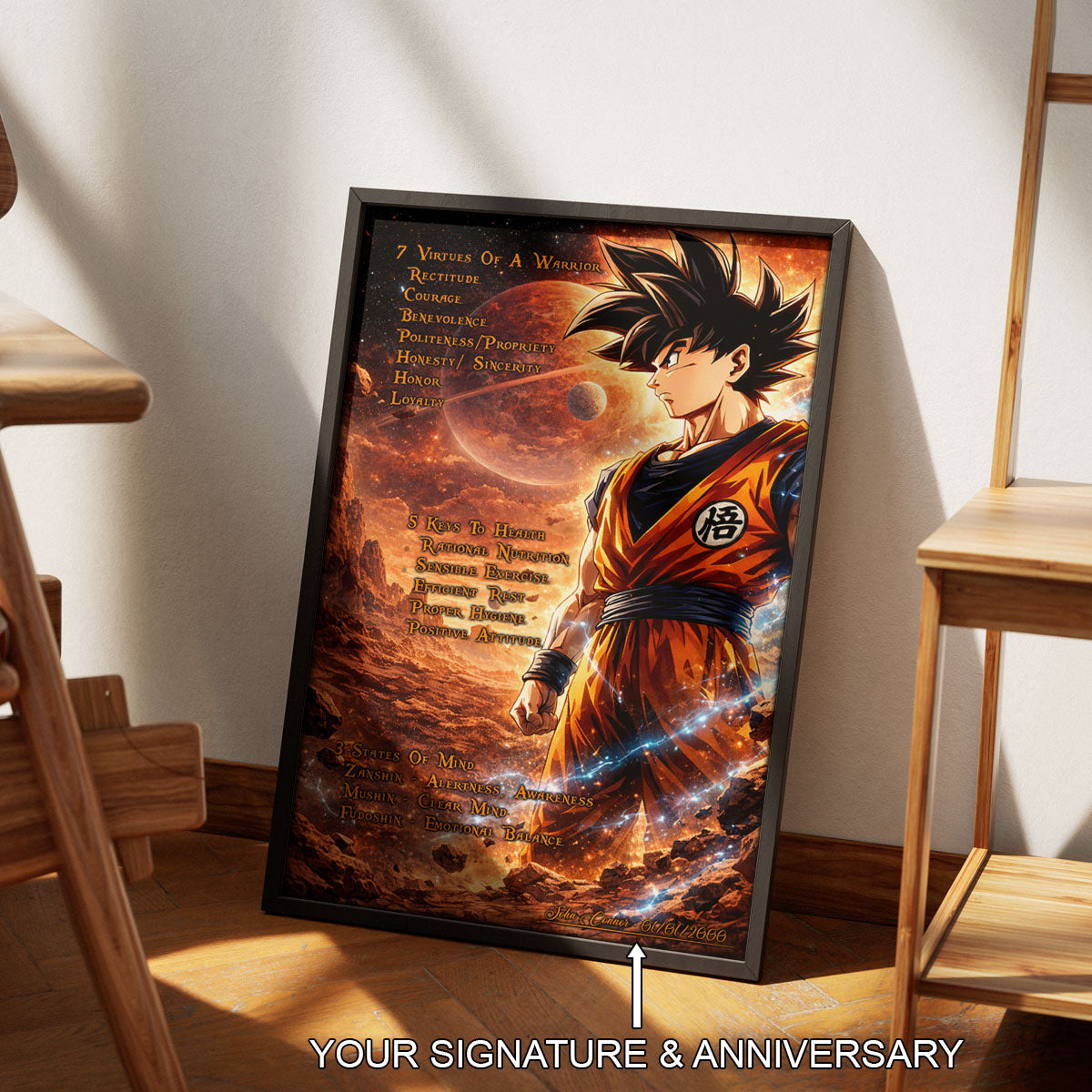 Goku Dragon Ball Z Motivational Canvas Wall Art - 7 Virtues of a Warrior & 5 Keys to Health - Anime Poster Room Decor - DR080