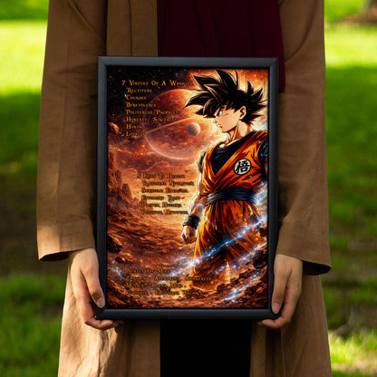 Goku Dragon Ball Z Motivational Canvas Wall Art - 7 Virtues of a Warrior & 5 Keys to Health - Anime Poster Room Decor - DR080