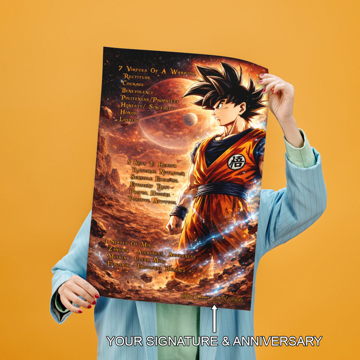 Goku Dragon Ball Z Motivational Canvas Wall Art - 7 Virtues of a Warrior & 5 Keys to Health - Anime Poster Room Decor - DR080
