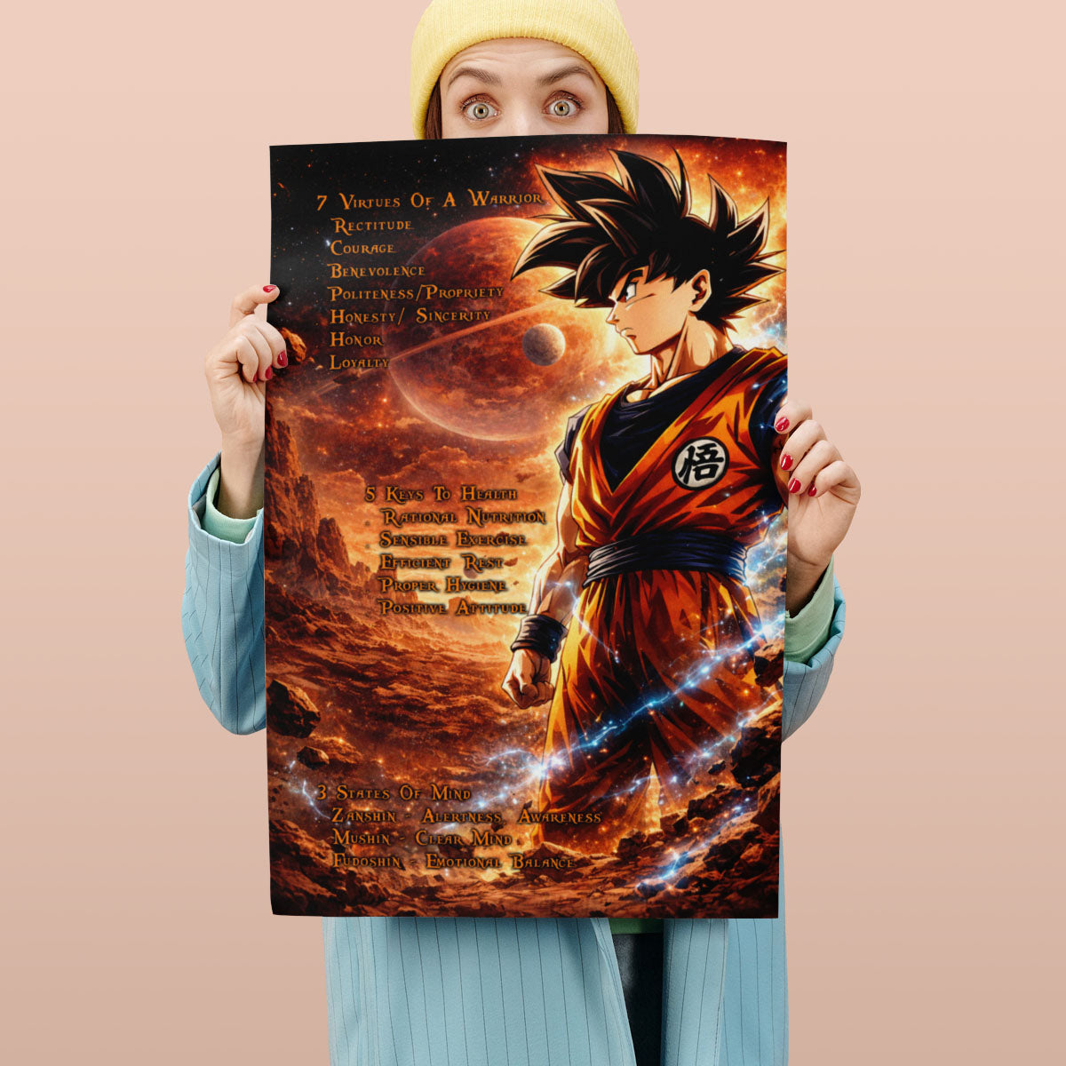 Goku Dragon Ball Z Motivational Canvas Wall Art - 7 Virtues of a Warrior & 5 Keys to Health - Anime Poster Room Decor - DR080