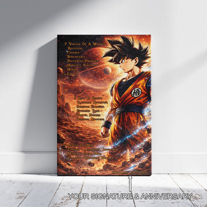 Goku Dragon Ball Z Motivational Canvas Wall Art - 7 Virtues of a Warrior & 5 Keys to Health - Anime Poster Room Decor - DR080