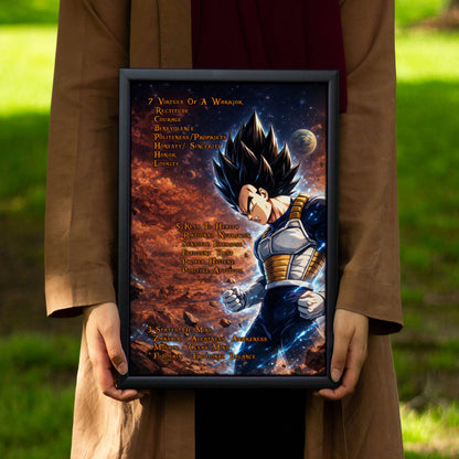 Vegeta Dragon Ball Z Motivational Canvas Wall Art - 7 Virtues of a Warrior & 5 Keys to Health - Anime Poster Room Decor - DR081