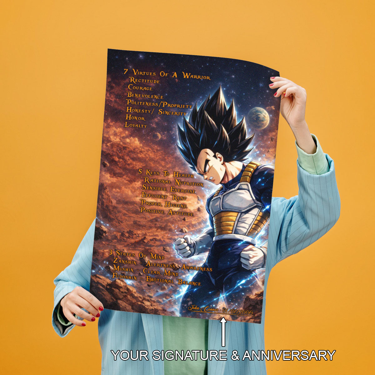Vegeta Dragon Ball Z Motivational Canvas Wall Art - 7 Virtues of a Warrior & 5 Keys to Health - Anime Poster Room Decor - DR081