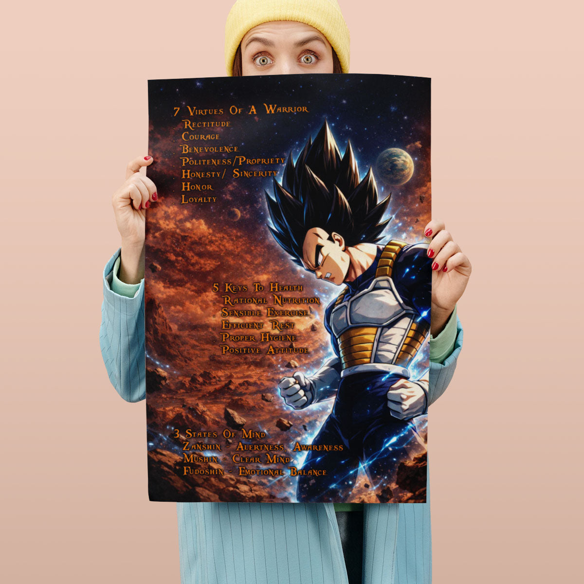 Vegeta Dragon Ball Z Motivational Canvas Wall Art - 7 Virtues of a Warrior & 5 Keys to Health - Anime Poster Room Decor - DR081