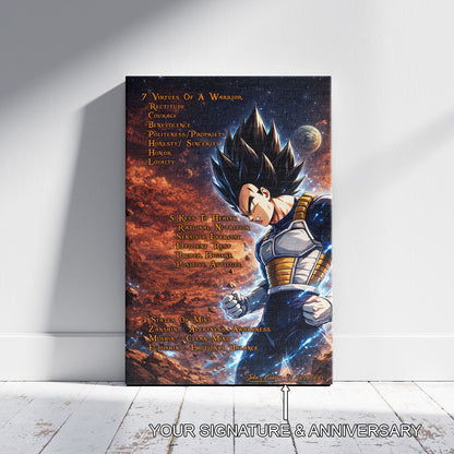 Vegeta Dragon Ball Z Motivational Canvas Wall Art - 7 Virtues of a Warrior & 5 Keys to Health - Anime Poster Room Decor - DR081
