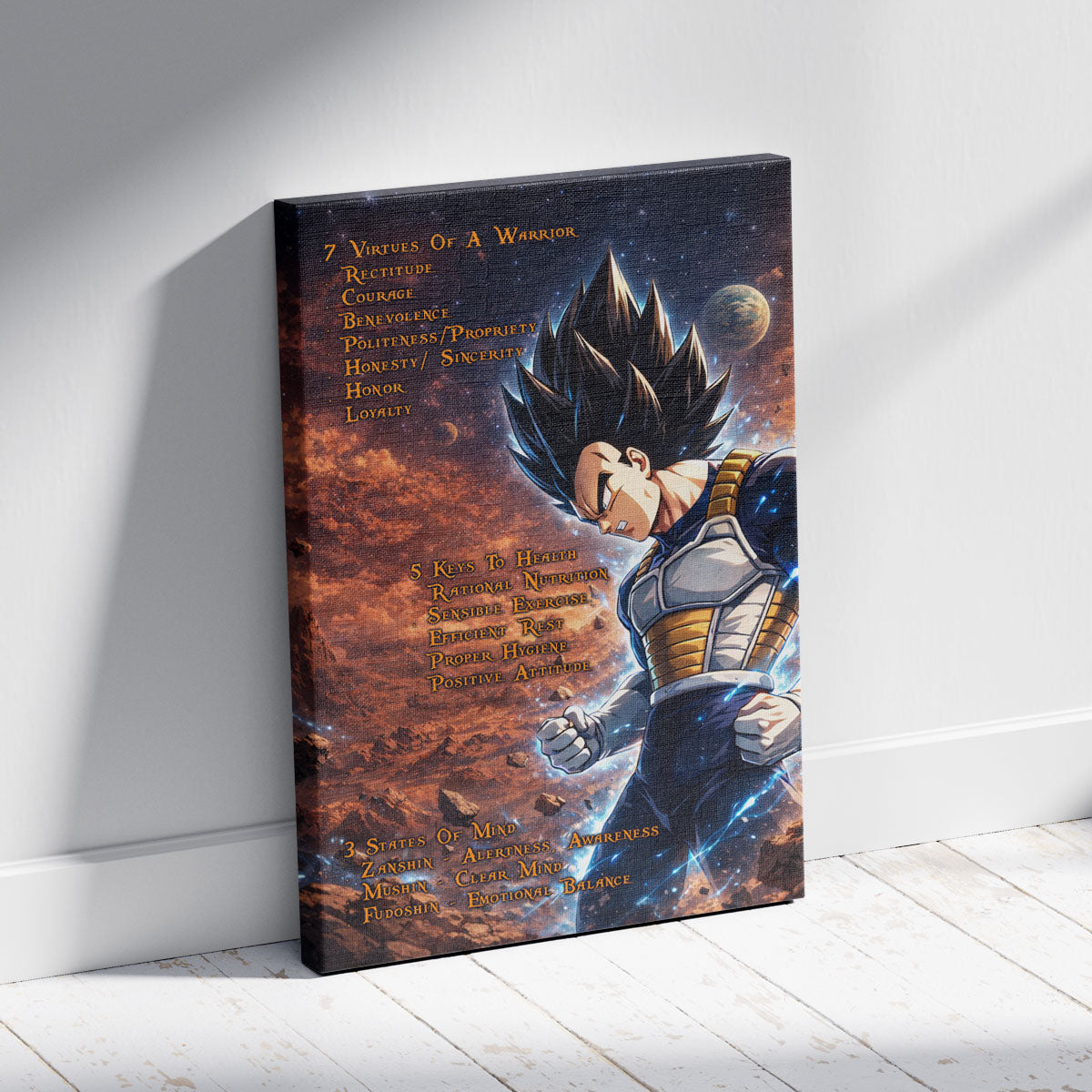 Vegeta Dragon Ball Z Motivational Canvas Wall Art - 7 Virtues of a Warrior & 5 Keys to Health - Anime Poster Room Decor - DR081