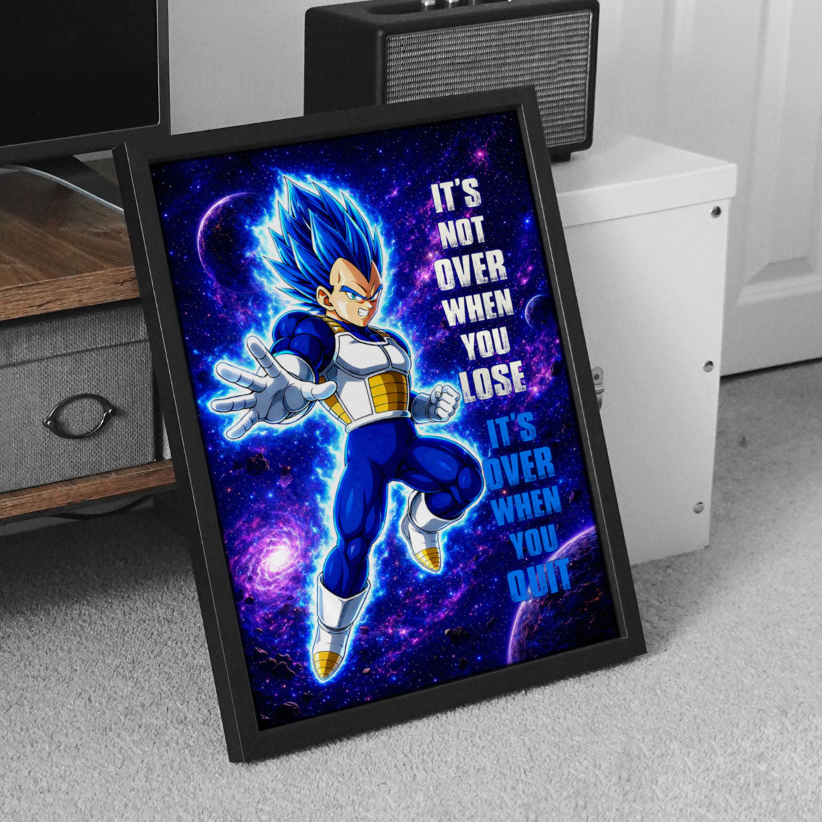 Vegeta Dragon Ball Super Motivational Canvas Wall Art - Super Saiyan Blue -  It's Not Over When You Lose - Gamer Boy Room Decor Gift - DR083