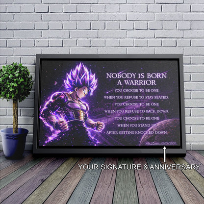 Dragon Ball Super Vegeta Ultra Ego Canvas Wall Art - Nobody Is Born A Warrior - Motivational Quote Print - Ready to Hang Anime Decor for Boys Room, Man Cave - DR090