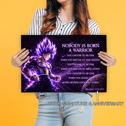 Dragon Ball Super Vegeta Ultra Ego Canvas Wall Art - Nobody Is Born A Warrior - Motivational Quote Print - Ready to Hang Anime Decor for Boys Room, Man Cave - DR090