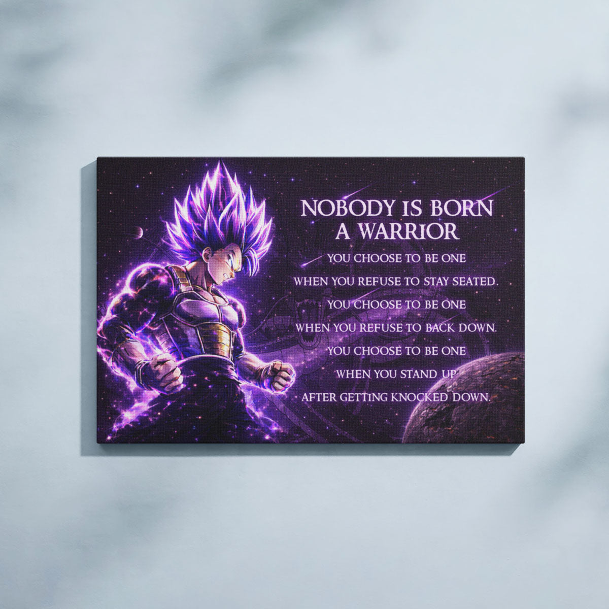 Dragon Ball Super Vegeta Ultra Ego Canvas Wall Art - Nobody Is Born A Warrior - Motivational Quote Print - Ready to Hang Anime Decor for Boys Room, Man Cave - DR090