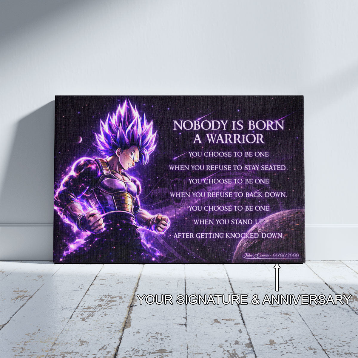 Dragon Ball Super Vegeta Ultra Ego Canvas Wall Art - Nobody Is Born A Warrior - Motivational Quote Print - Ready to Hang Anime Decor for Boys Room, Man Cave - DR090