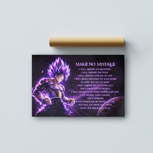 Dragon Ball Super Vegeta Ultra Ego Canvas Wall Art - Make No Mistake - Motivational Quote Print - Ready to Hang Anime Decor for Boys Room, Man Cave - DR091