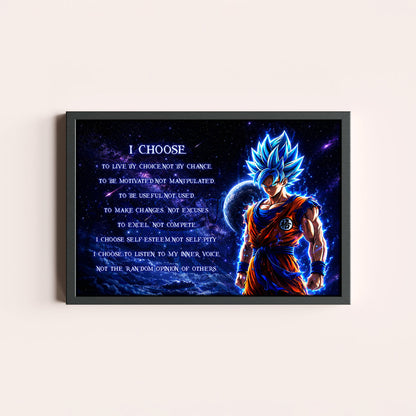 Dragon Ball Super Saiyan Blue Goku Canvas Wall Art - I Choose - Motivational Quote Print - Ready to Hang Office Living Room Decor - DR092