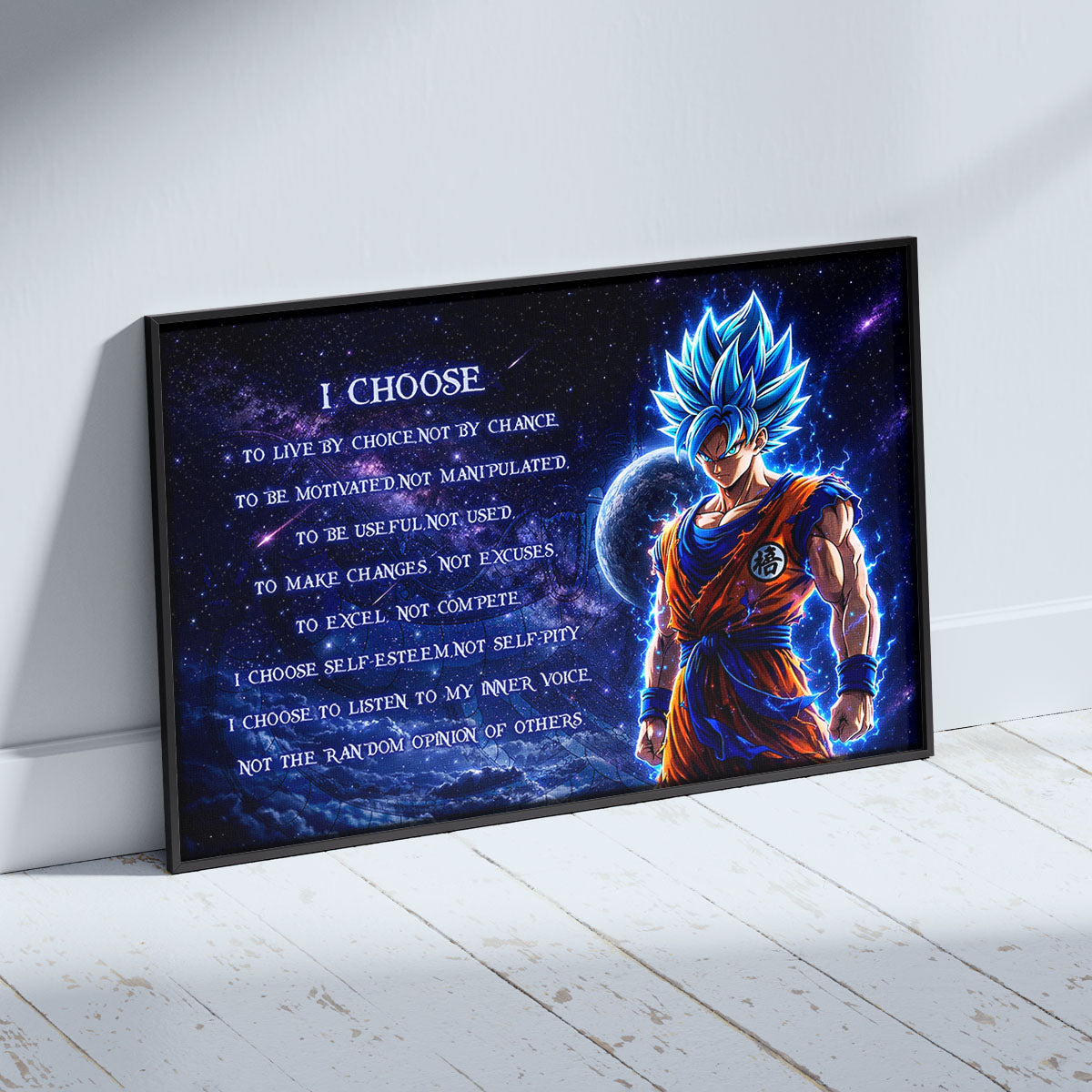 Dragon Ball Super Saiyan Blue Goku Canvas Wall Art - I Choose - Motivational Quote Print - Ready to Hang Office Living Room Decor - DR092