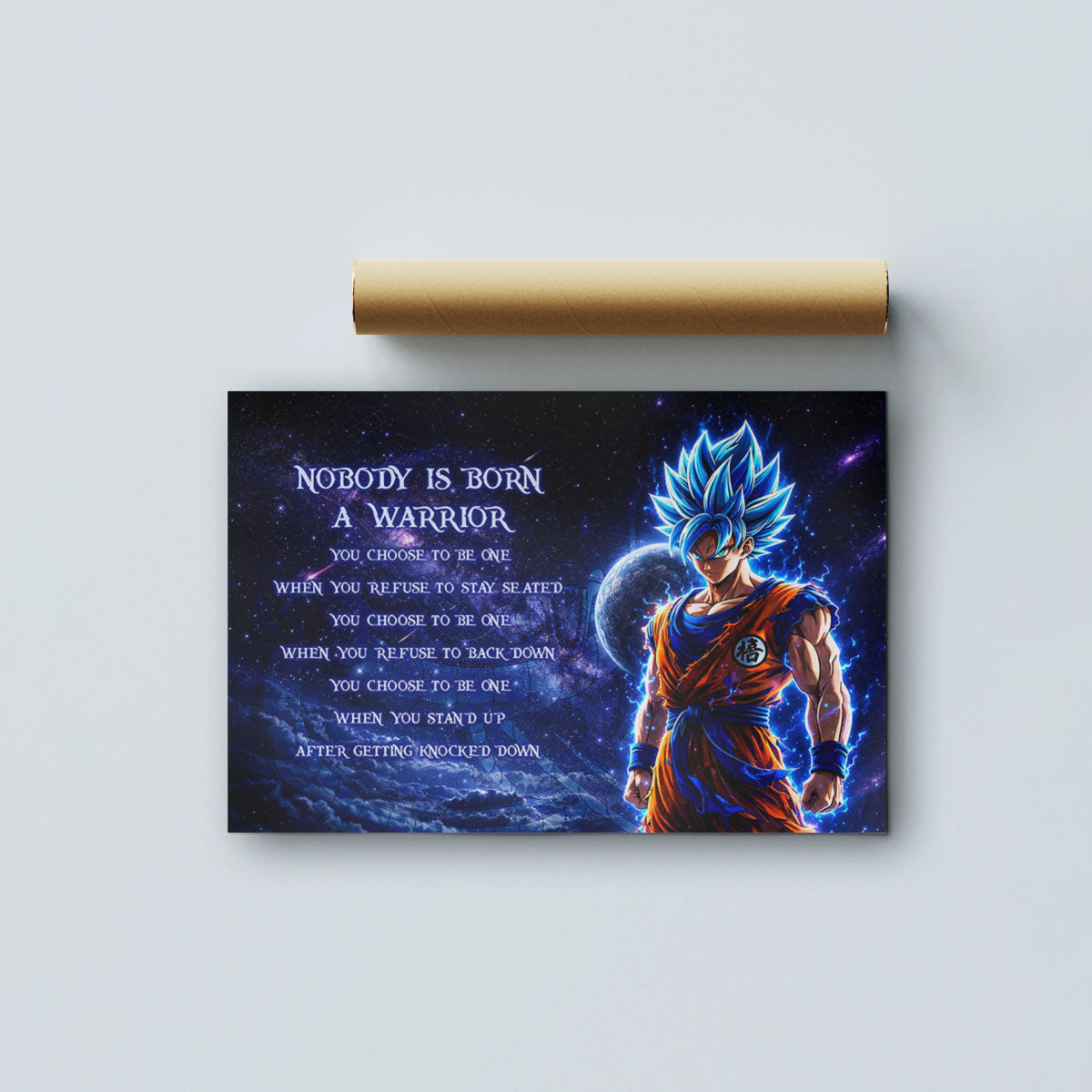 Dragon Ball Super Saiyan Blue Goku Canvas Wall Art - Nobody Is Born A Warrior - Motivational Quote Print - Ready to Hang Home Office Decor - DR093
